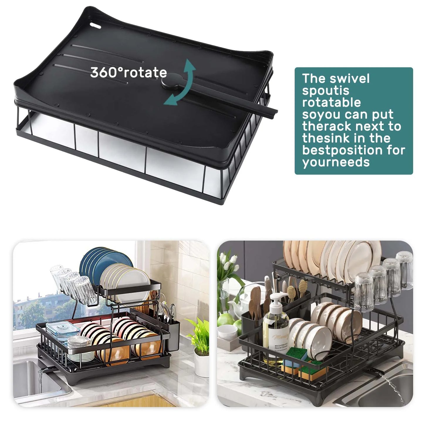 Large 2-tier dish drying rack for kitchen countertops, removable large-capacity
