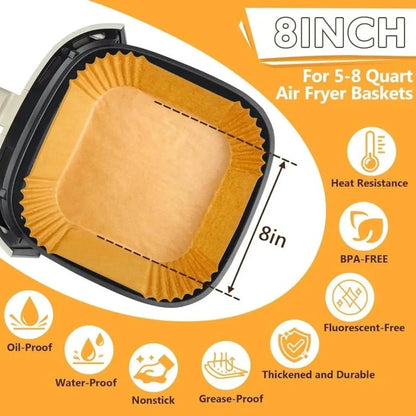 50pcs 8in Square Air Fryer Parchment Liners - Non-Stick Food Grade, Fit 5-8QT Basket