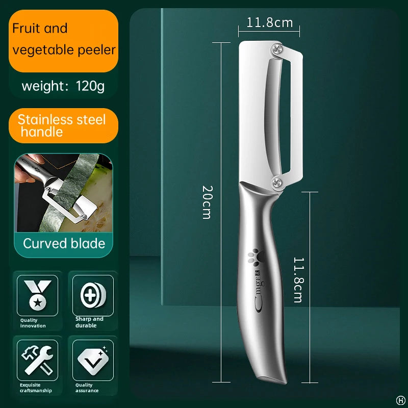 Stainless steel peeler with wooden handle for peeling and slicing fruits and vegetables