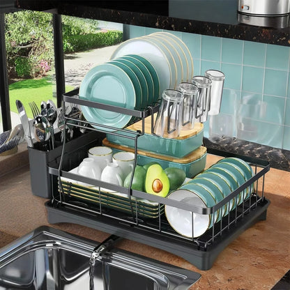 Large 2-tier dish drying rack for kitchen countertops, removable large-capacity