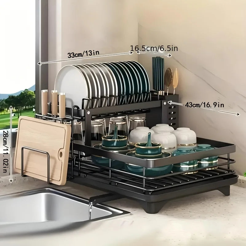 Double-tier extendable dish drainer, suitable for kitchen worktops