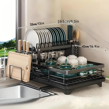 Double-tier extendable dish drainer, suitable for kitchen worktops