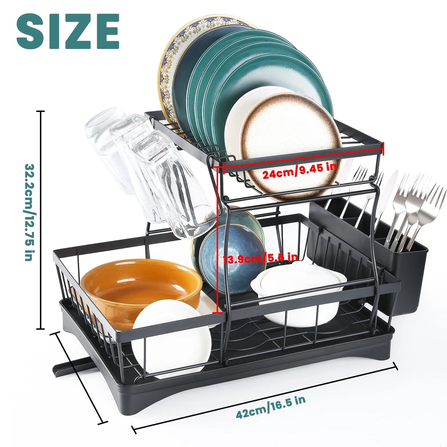 Large 2-tier dish drying rack for kitchen countertops, removable large-capacity