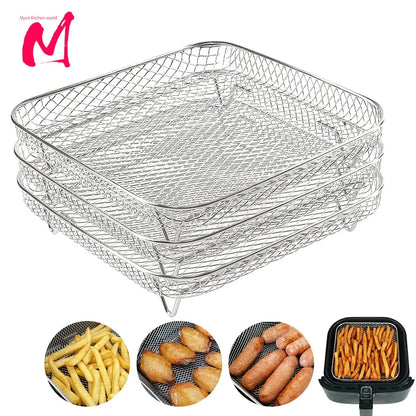 3Layer Air Fryer Racks Stainless Steel Square Air Fryer Basket Tray Stackable