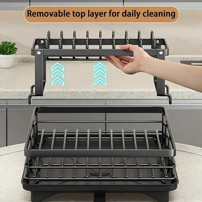 Double-tier extendable dish drainer, suitable for kitchen worktops