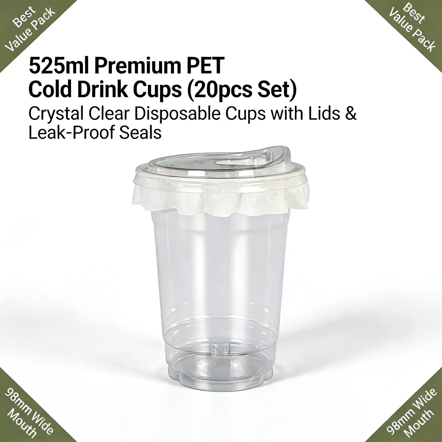 20 PCS PET Cold Drink Cups with Lids Leak-Proof Disposable Clear Plastic Cups