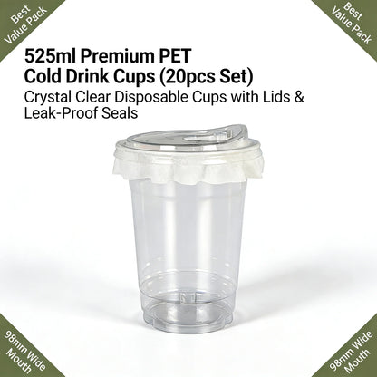20 PCS PET Cold Drink Cups with Lids Leak-Proof Disposable Clear Plastic Cups