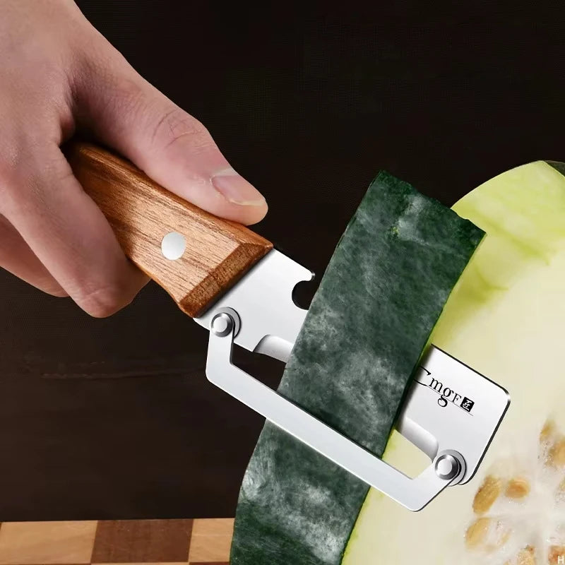 Stainless steel peeler with wooden handle for peeling and slicing fruits and vegetables