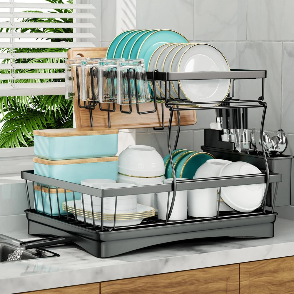 Large 2-tier dish drying rack for kitchen countertops, removable large-capacity