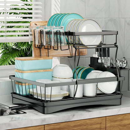 Large 2-tier dish drying rack for kitchen countertops, removable large-capacity