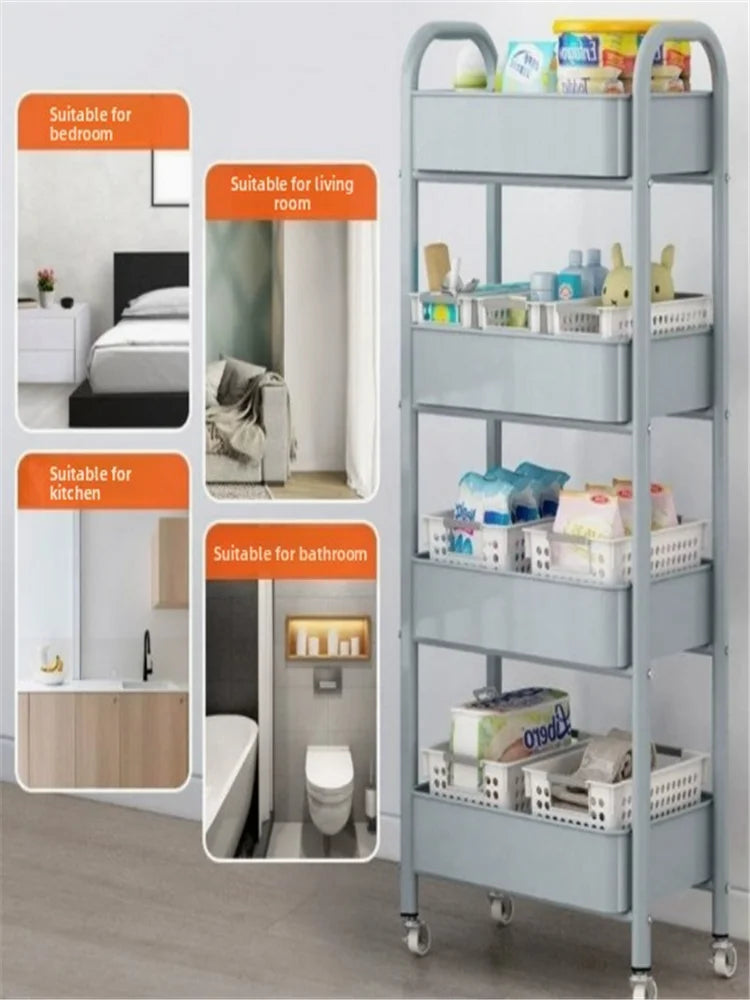 Trolley with Handlebar and Storage Rack, Floor-Standing, Multi-Layer Storage