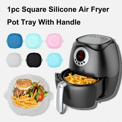 1Pc Silicone Air Fryer Pot Tray with Handle, Square Air Fryer Baking Pan, Reusable Air Fryer