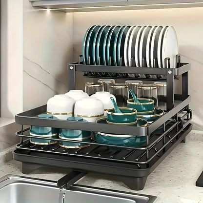 Double-tier extendable dish drainer, suitable for kitchen worktops