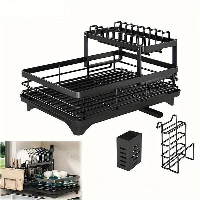 Double-tier extendable dish drainer, suitable for kitchen worktops