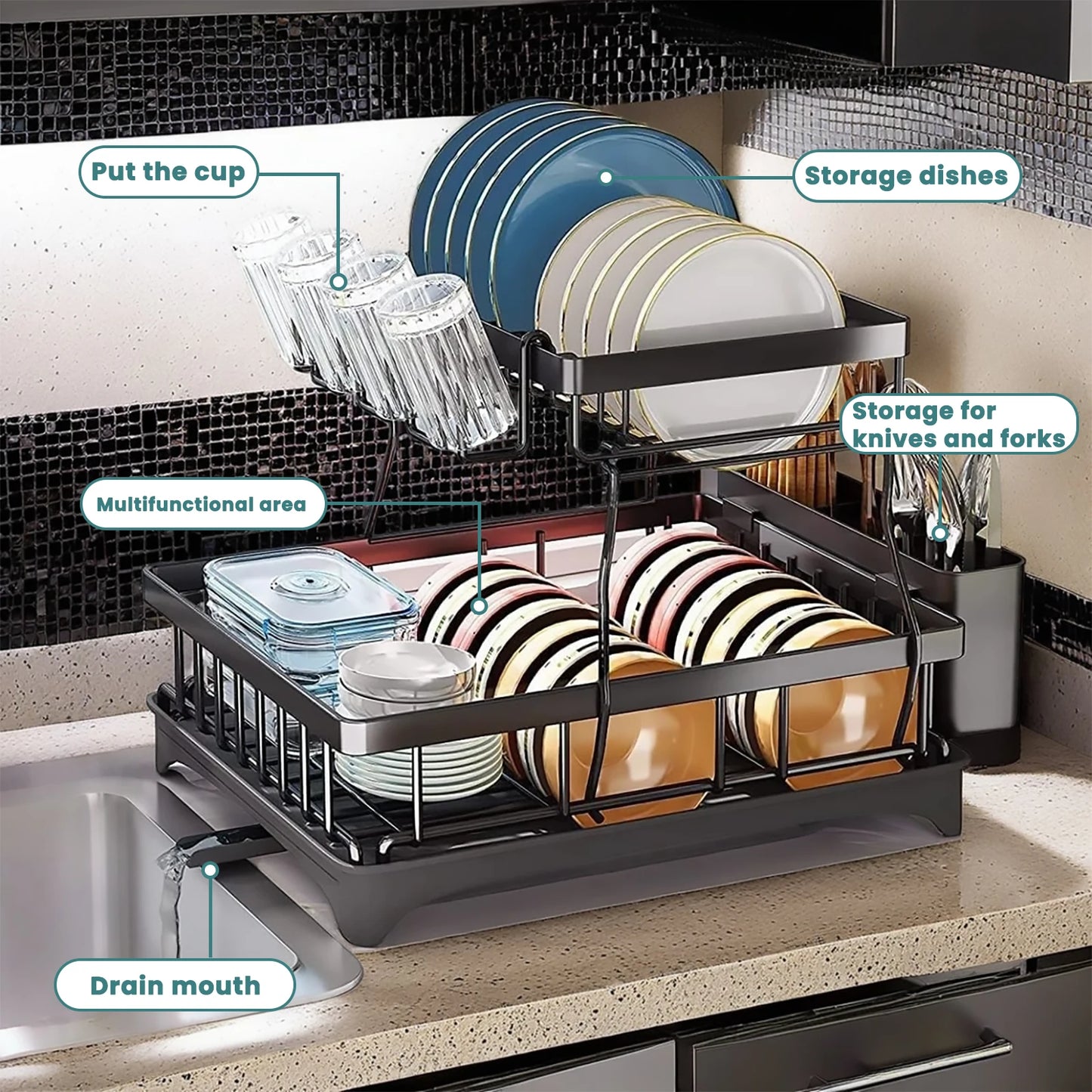 Large 2-tier dish drying rack for kitchen countertops, removable large-capacity