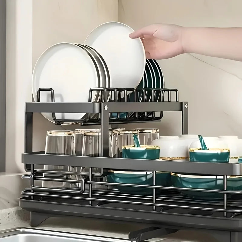 Double-tier extendable dish drainer, suitable for kitchen worktops