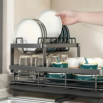 Double-tier extendable dish drainer, suitable for kitchen worktops